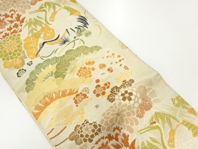 JAPANESE KIMONO / ANTIQUE MARU OBI / WOVEN FLOWER & BIRD WITH FAN